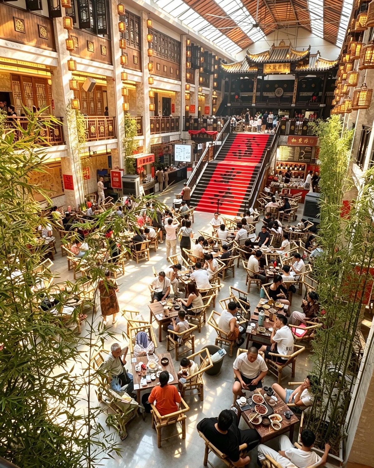 People gather around bright tea-house tables in a leafy Chengdu neighborhood