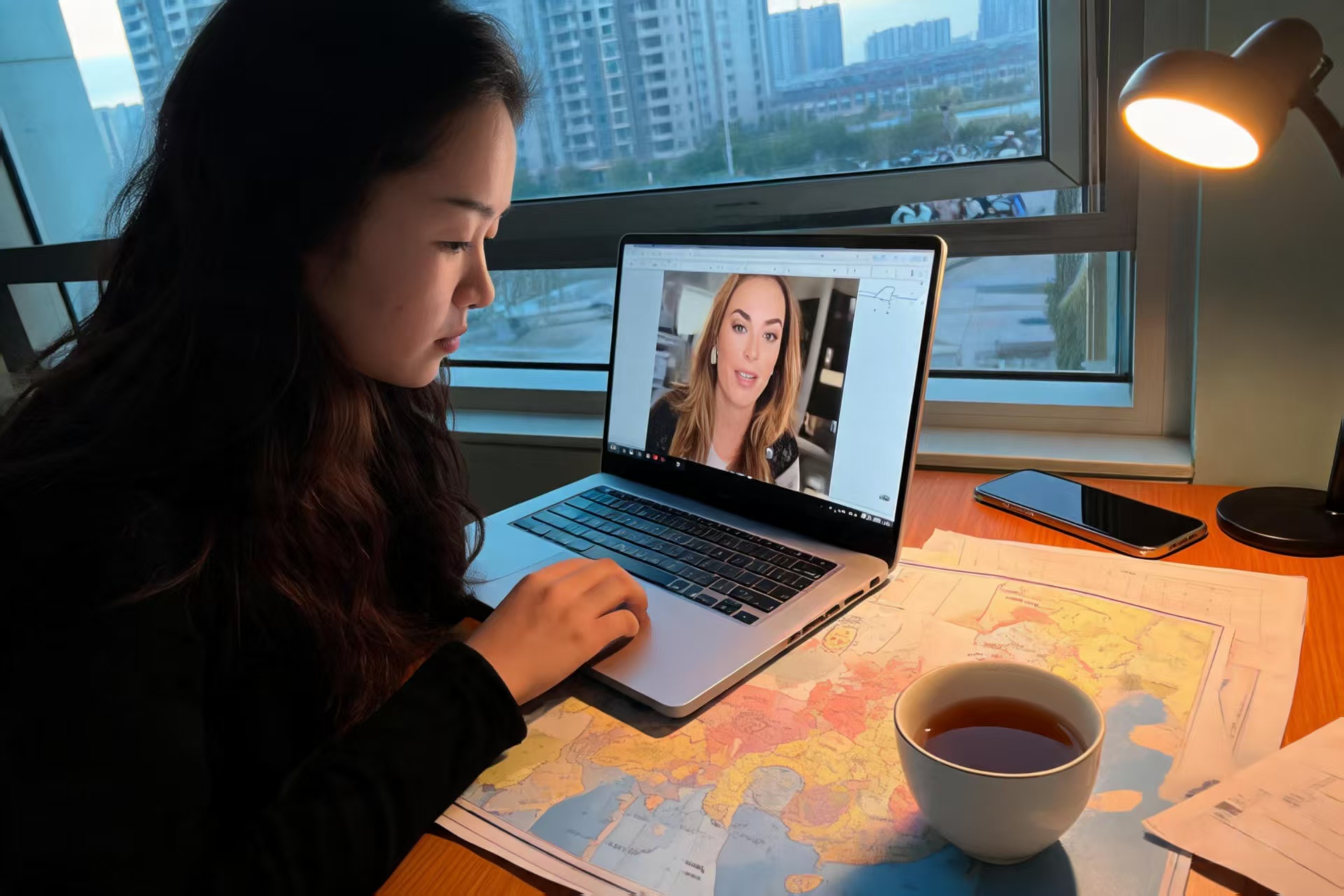 A planning scene of Cyndee reviewing a China route with a laptop, map, and notes